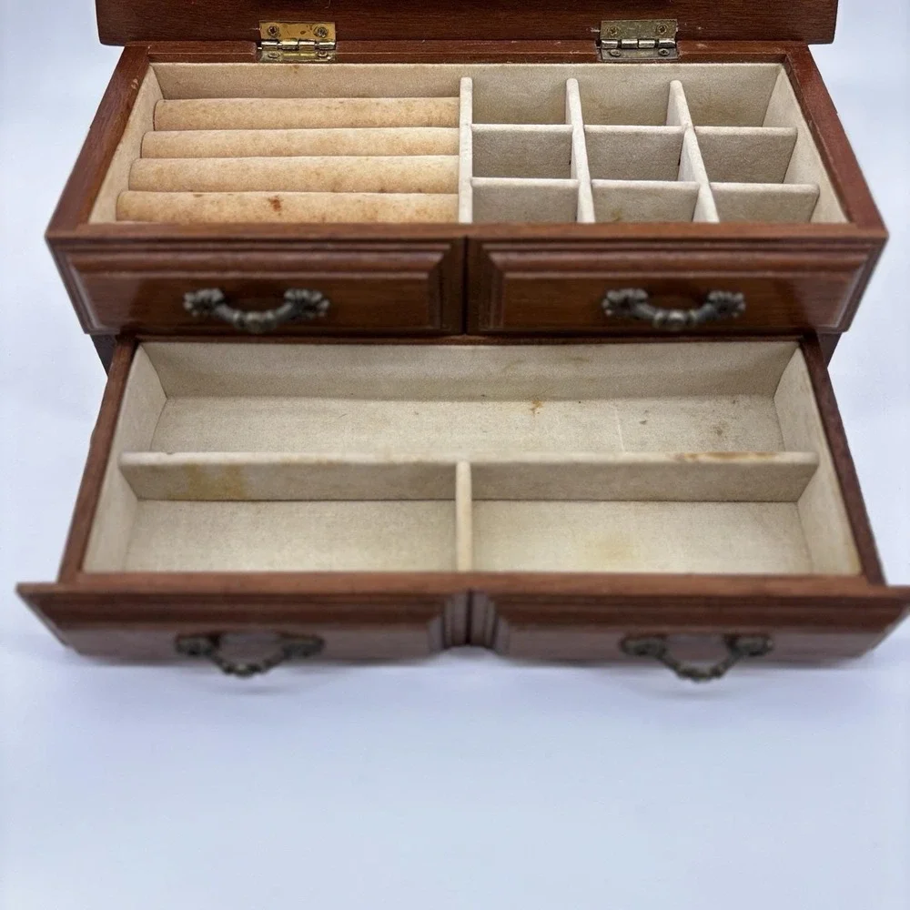 Vintage Mele Wooden Flip Top Jewelry Box Table Top Drawers Ring Holder Trinket